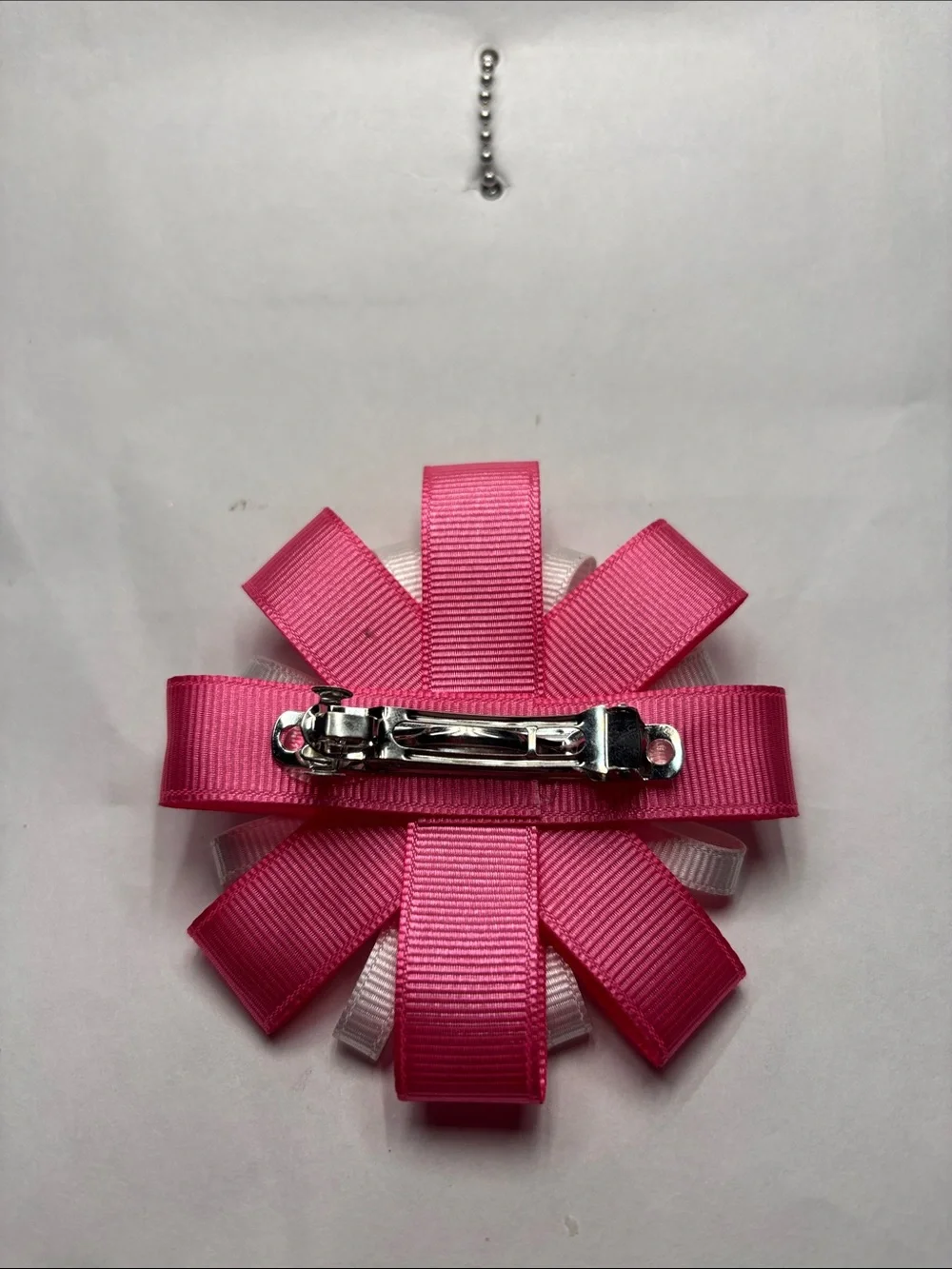 Pink and White Ribbon Flower Hair Bow with Blue Glitter Center